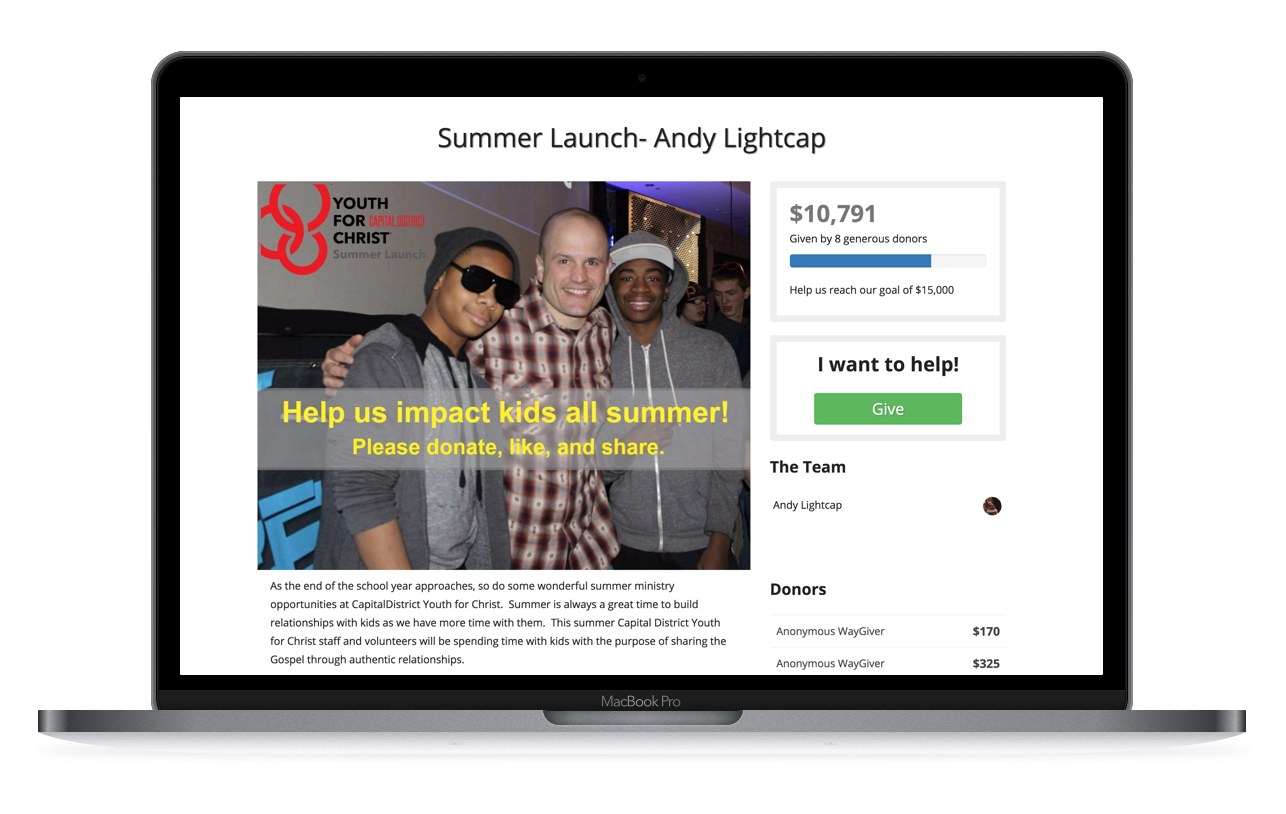 Example WayGiver fundraiser for ministry organizations