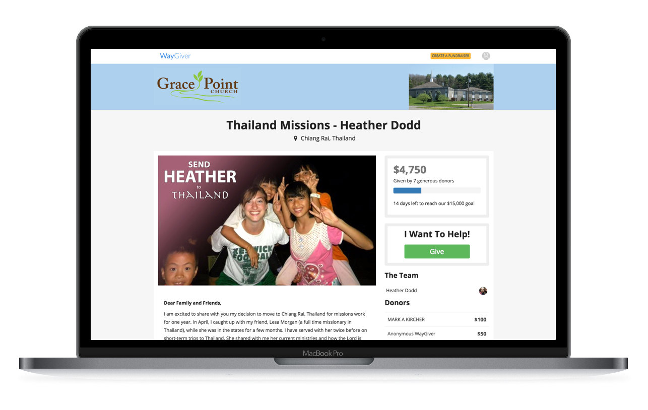 Example WayGiver fundraiser for churches